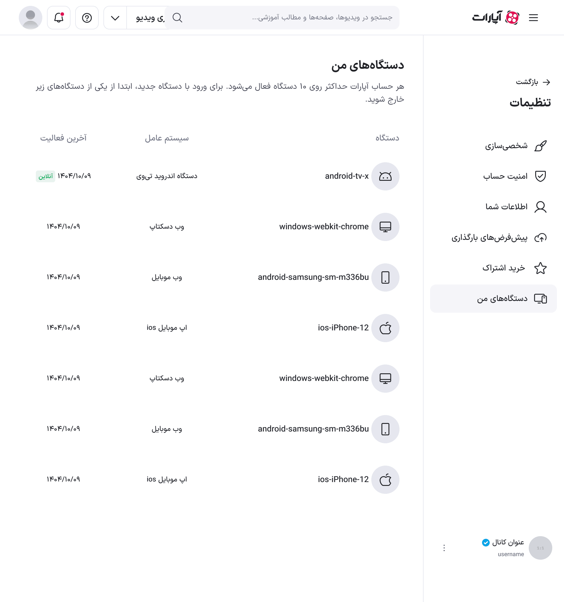 نمای تبلت فهرست دستگاه‌ها