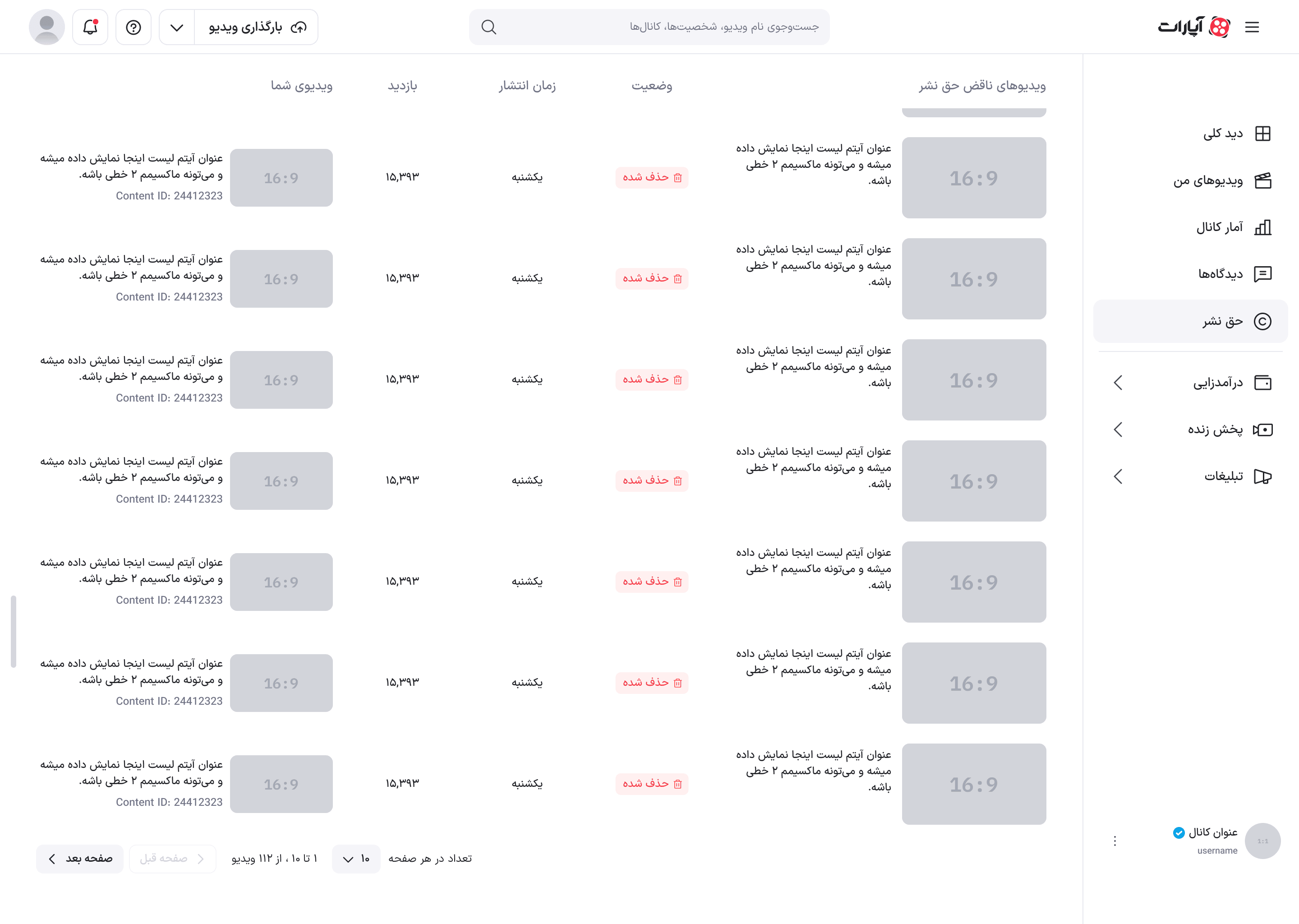 فهرست حق نشر در حالت اسکرول‌شده با سربرگ ثابت ستون‌ها