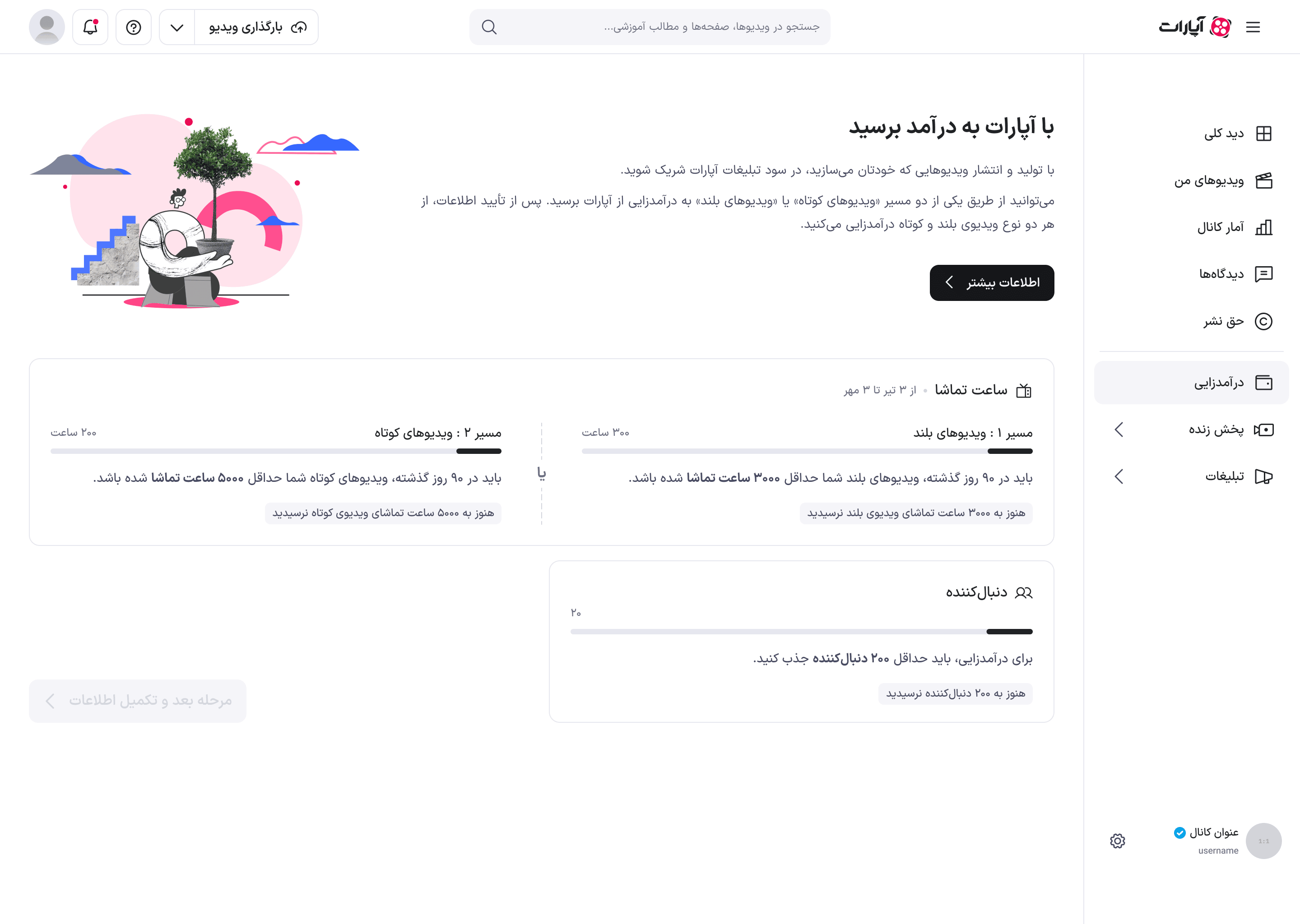 صفحهٔ درآمدزایی پیش از رسیدن به شرط‌ها: دو مسیر ساعت تماشا با عددهای ۳۰۰ و ۲۰۰ ساعت، دنبال‌کنندهٔ ۲۰، و دکمهٔ غیرفعال مرحلهٔ بعد