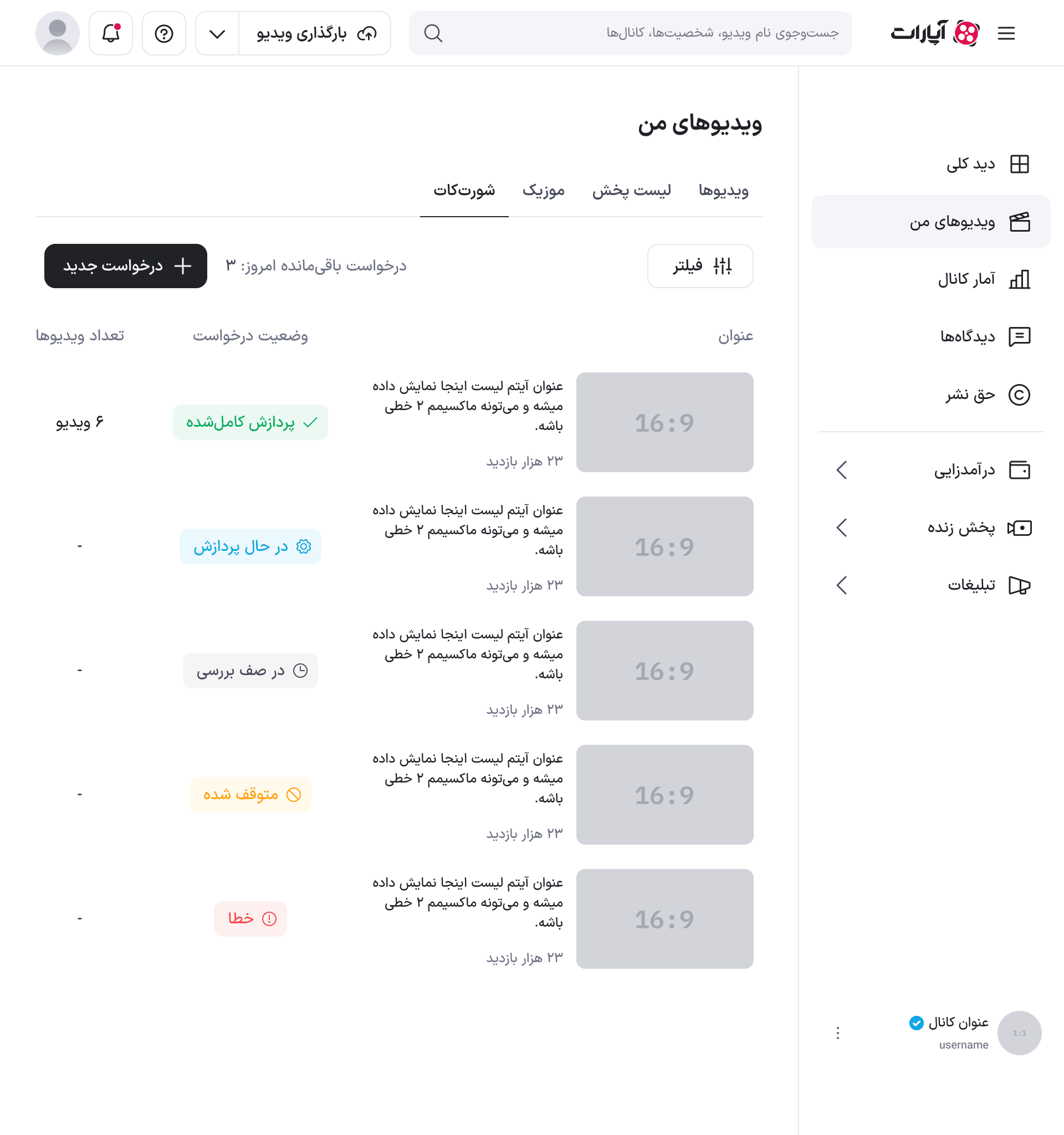 نمای تبلت فهرست درخواست‌های شورت‌کات