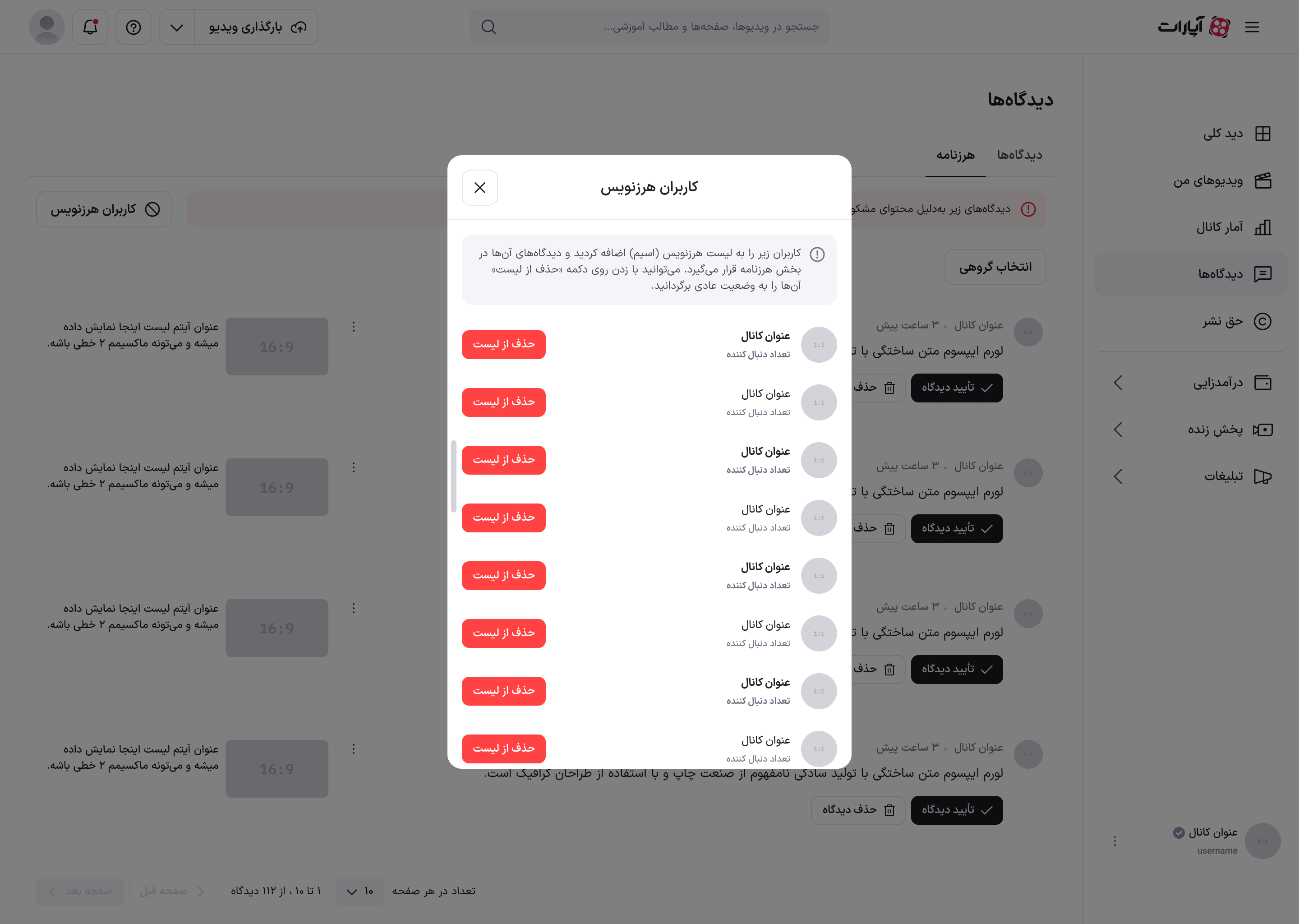 پنجرهٔ کاربران هرزنویس با توضیح و فهرست کاربران، هر کدام با دکمهٔ «حذف از لیست»