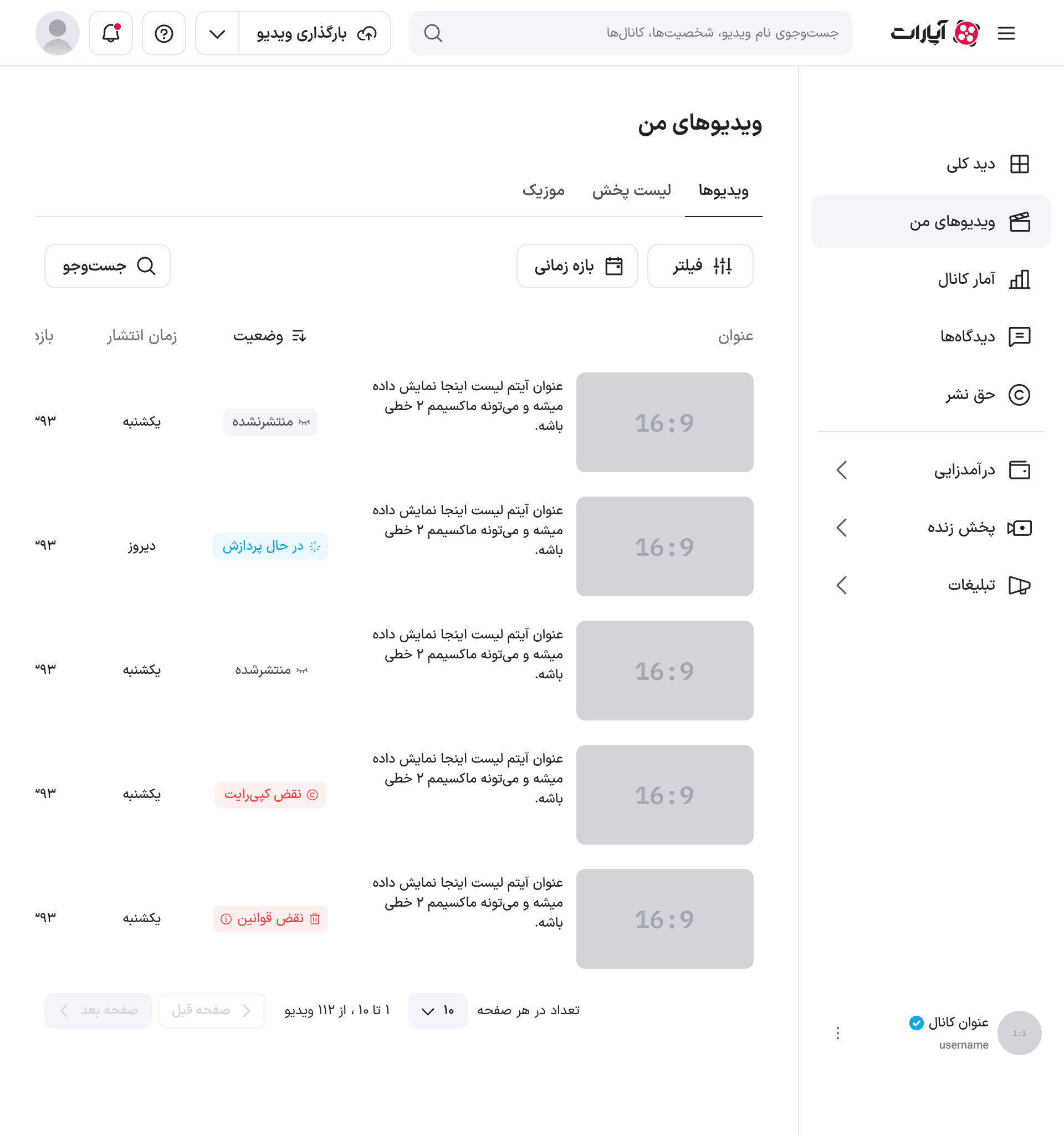 نمای تبلت فهرست ویدئوها